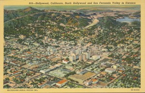 Aerial view of Hollywood, with North Hollywood and the San Fernando Valley in the distance. 1940s.